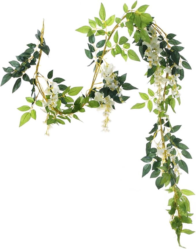 2Pcs 6.6Ft Artificial Flowers Vines Silk Wisteria Artificial Garlands Fake Hanging Green Leaf Flower Ivy Vines for Home Garden Wedding Arch Decor, White