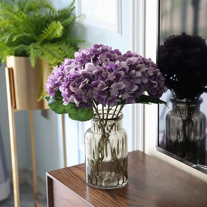Kimura's Cabin 6Pcs Artificial Silk Hydrangea Flowers Fake Hydrangea Bouquet for Home Table Centerpieces Wedding Garden Party Decoration (Purple)