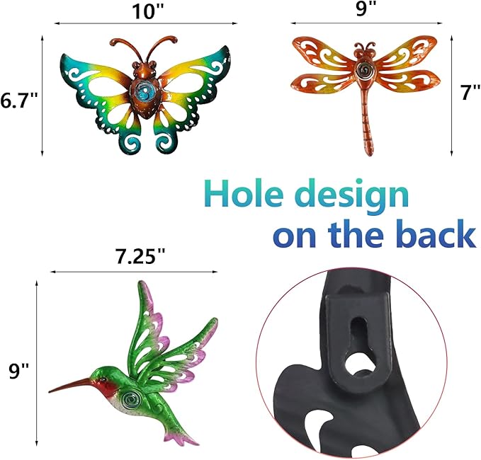 Hummingbird Butterfly Dragonfly Metal Wall Art Decor, Wall Christmas Decoration Hanging for Home Living Room Bedroom Garden Porch Patio Balcony Ornament for Indoor Outdoor, 3 pack 9 inch