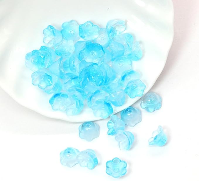 LadayPoa 100pcs Glass Bellflower Beads for Jewelry Making Trumpet Flower Beads Gradient Clear Cute Beads for Bracelets Making Aesthetic Bead Charms for DIY Necklace Decoration-Ice Blue