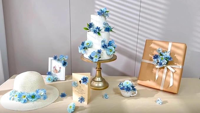 210Pcs Mini Fake Flower Heads Blue Small Silk Faux Flower Heads Artificial Rose Daisy Multicolor Flowers Bulk for Cake Crafts DIY Graduation Cap Wedding Hair Dresses Wreath Party Home Decor