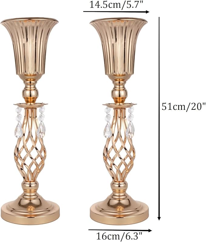 2 Pcs Beaded Crystal Gold Trumpet Vase, Elegant Metal Floral Centerpiece, Perfect for Wedding Banquets, Birthdays, Anniversaries, Holiday Parties and Other Important Event Centerpieces(20.2")