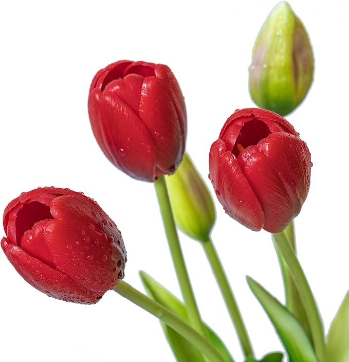 15pcs Artificial Tulips Flowers, Real Touch Latex Bouquet, Fake Tulips for Office Wedding Party Home Kitchen Garden Decoration-B Red