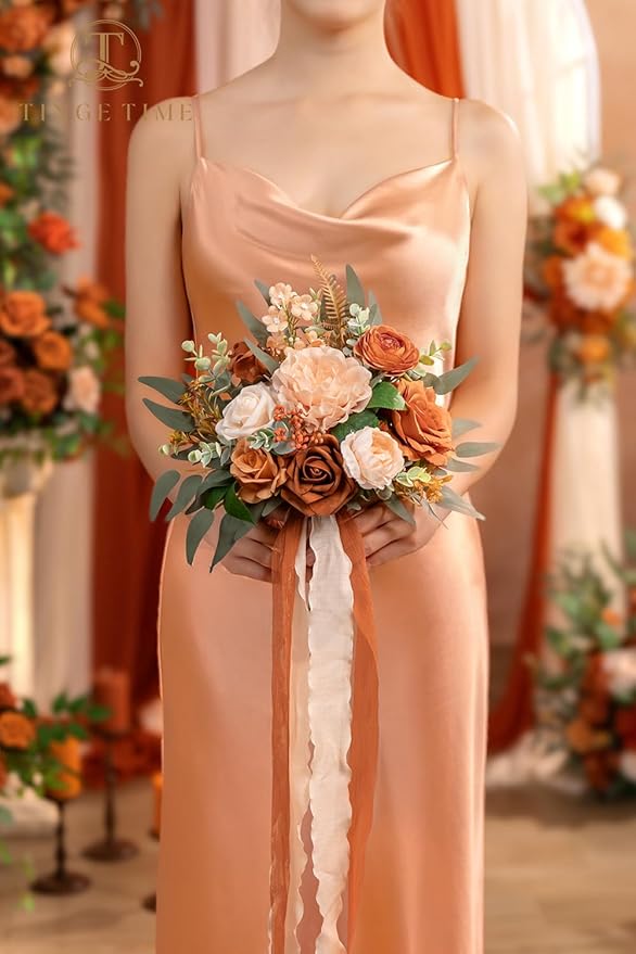TINGE TIME 7 Inch Wedding Bouquets for Bridesmaid, Set of 4, Artificial Flowers Cascading Bridal Bouquet for Fall Wedding Ceremony Anniversary Bridal Shower and Rustic Vintage Wedding (Terracotta)