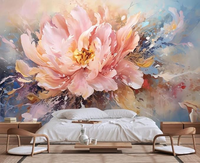 Pink Peony Background Oil Painting Floral Texture Mural, Modern Wallpaper, Large Wall Background Painting(Non-self-Adhesive)