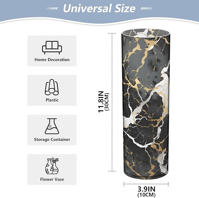 Flower Vase for Centerpieces, Black White Gold Marble Print Plastic Cylinder Vase, Clear Bud Vases for Home Wedding Office Table Decor