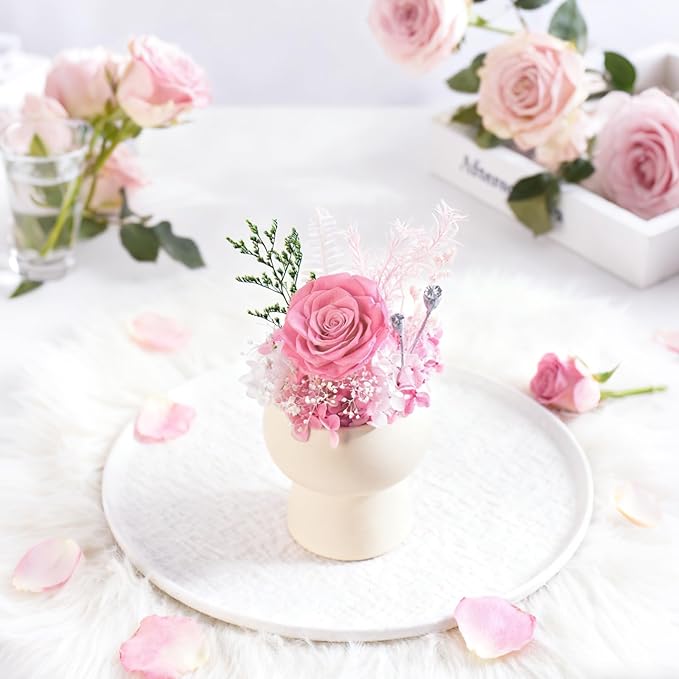 Preserved Floral Gift Set, Everlasting Rose in Small Ceramic Pot - Lasting Beauty for Home Table Decor, Mother's Day, Valentine's Day, Birthday, and Anniversary (Pink)
