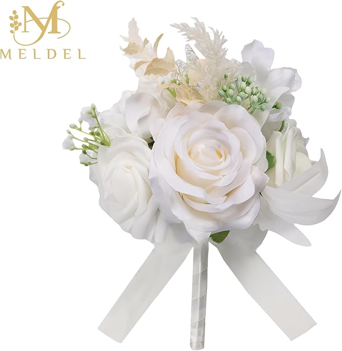 Meldel Set of 6 Wedding Flowers Fake Rose Mini Bridesmaid Bride Bouquets Ivory White Small Floral Wedding Centerpieces Decor Artificial Flower Arrangements for Tables Home Party Decorations