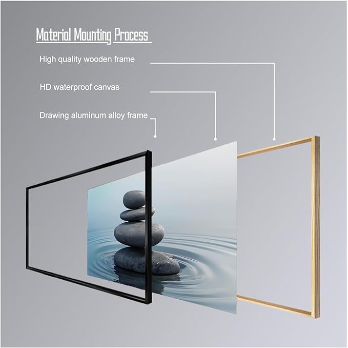 Zen wall art Harmonious grey stones stacked on a calm surface of water Serene Zen decor suitable for tranquil homes and spaces of meditation 16x24in Metal blackFramed