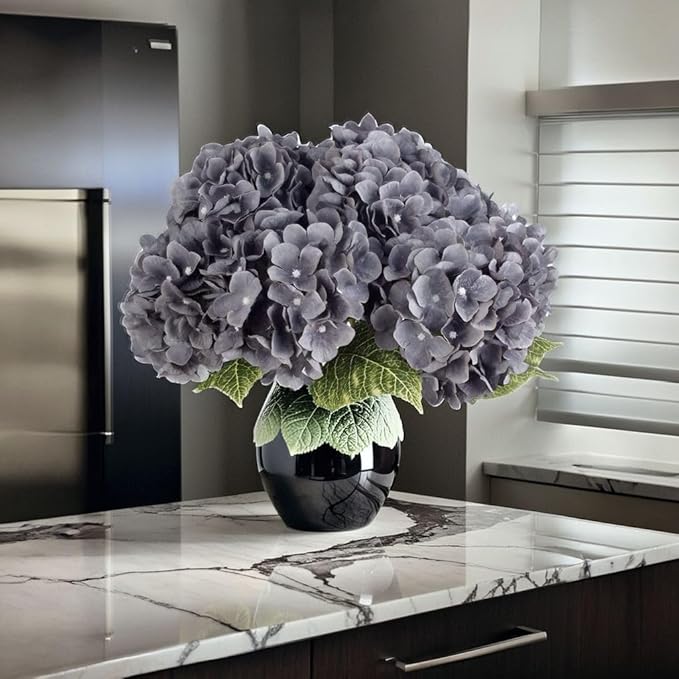 2Bouquets Artificial Fake Flowers Plants Silk Hydrangea Arrangements Wedding Bouquets Decorations Plastic Floral Home Kitchen Garden Party Festival Bar DIY (Gray,5 Flower Heads)