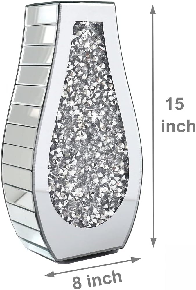 Flower Vase Crushed Diamond Mirrored Vase Crystal Silver Glass Decorative Mirror Vase Large Size Luxury for Home Decor. Arc-Shaped Thickened. Can’t Hold Water.
