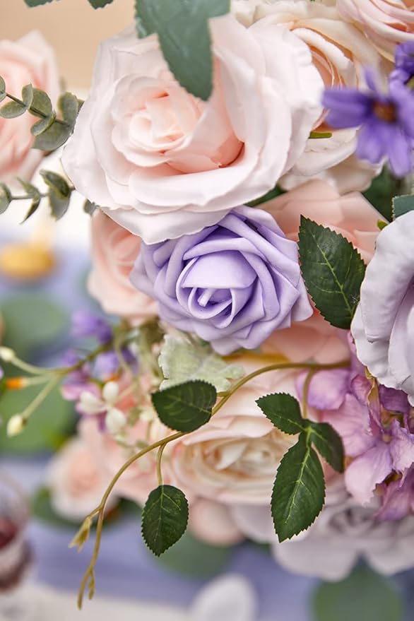 Serwalin Artificial Flowers Fake Silk Flowers Combo Realistic Mixed Roses Box for DIY Wedding Bridal Bouquets Centerpieces Arrangements Faux Flowers with Stems Home Party Decoration, Pink&Lilac