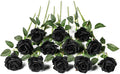 Kisflower 12PCS Black Roses Artificial Flowers Fake Roses Glitter, Silk Roses with Stems Realistic for Halloween Decorations Wedding Party Office Home Decor (Black)