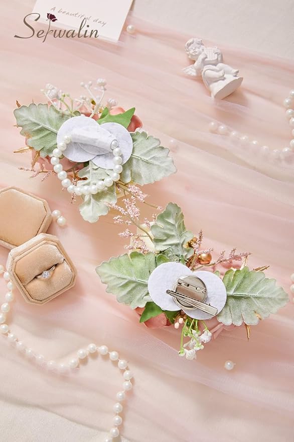 Serwalin Pink Corsage and Boutonniere Set 2 PCS, 6-7 Inch Boutonniere and Wrist Corsage Wristband Prom Flower Wedding Flowers Accessories Prom Suit Decorations Cake Topper