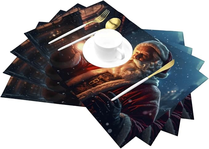 PVC Placemats Set of 6 Wipeable Table Mats Washable Heat Resistant Non Slip Vinyl Dining Table Mat for Kitchen Indoor Outdoor Patio Farmhouse Place Mats Vintage Christmas Santa Claus Decorative