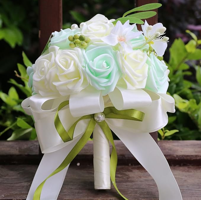 Lightweight Bridal Wedding Bouquet Round Holding Bouquet Throw Toss Artificial Rose Flower Bunch for Bride Bridesmaid Wedding Quinceanera (Cream & Light Cyan, 6.7")