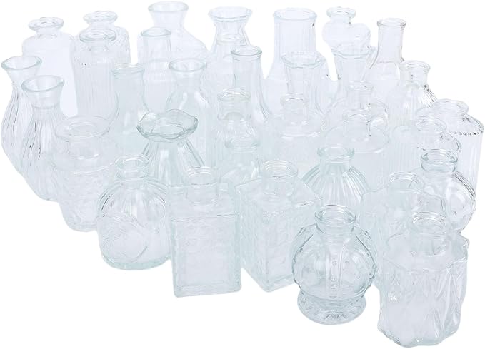 Sorandy 36 Glass Bud Vases, Transparent Multiple Shapes Vintage Embossed Flower Vase Set with Thick Sturdy Crystal Clear Glass for Wedding Home Decor Table Setting