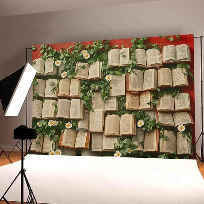 7x5ft Floral Book Backdrop Vintage Bookshelf Backdrop Books Flowers Wall Photography Background Girls Party Decorations Kids Newborn Birthday Baby Shower Photo Studio Props KUBYW006