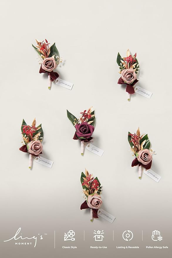 Ling's moment Wedding Artificial Flowers Package, Bridal Bouquet, Bridesmaid Bouquets, Boutonniere for Men, Rose Petals.Burgundy Blush