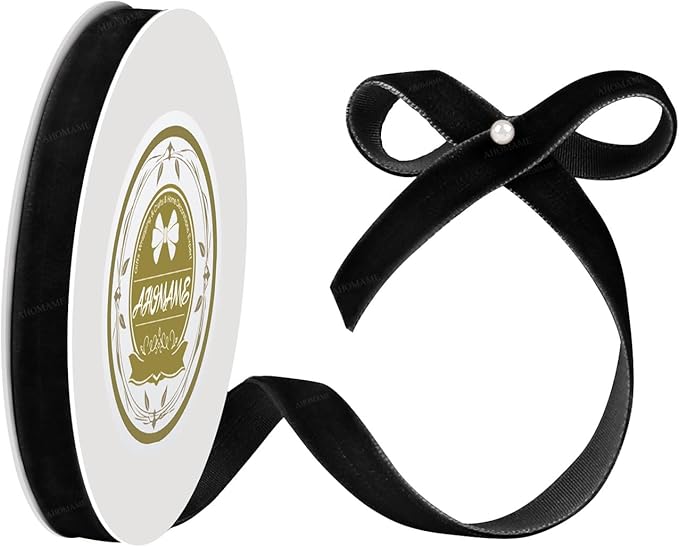 Black Velvet Ribbon 3/8 Inches x 5 Yards for Gift Wrapping, Crafts, Christmas Tree, Wreath, Bow Making, Vintage Fabric on The Spool for DIY