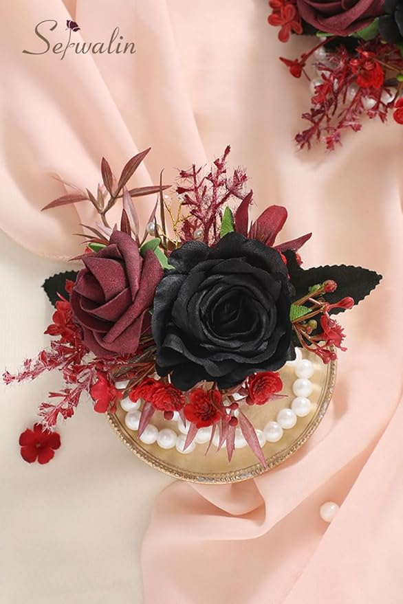 Serwalin Black Bungundy Wrist Corsage and Boutonniere Set 2pcs, 6-7inch Boutonniere for Men, Corsage Wristlet Wristband Prom Flower Wedding Flowers Accessories Prom Suit Decorations