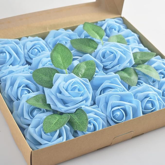 homEdge Artificial Rose, 25pcs Foam Artificial Flowers with Stem for Home Decorations, Wedding Bouquets, Party, Certerpieces, Anniversaries-Aqua Blue