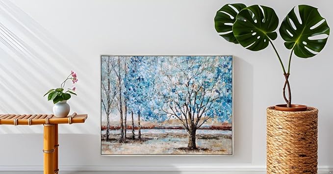Yihui Arts Blue Tree Canvas Wall Art - Hand Painted Textured Abstract Forest Landscape Modern Artwork with Gold Foil Framed for Living Room, Bedroom, and Bathroom Decor