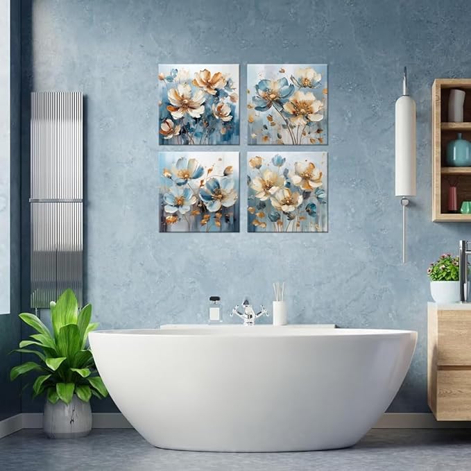 Pankila White Flower Wall Art Floral Pictures Blue and White Canvas Flowers Wall Decor Life Poster for Living Room Bedroom Bathroom Home Decorations Framed Artwork Ready to Hang (24''W x 24''H x 4)