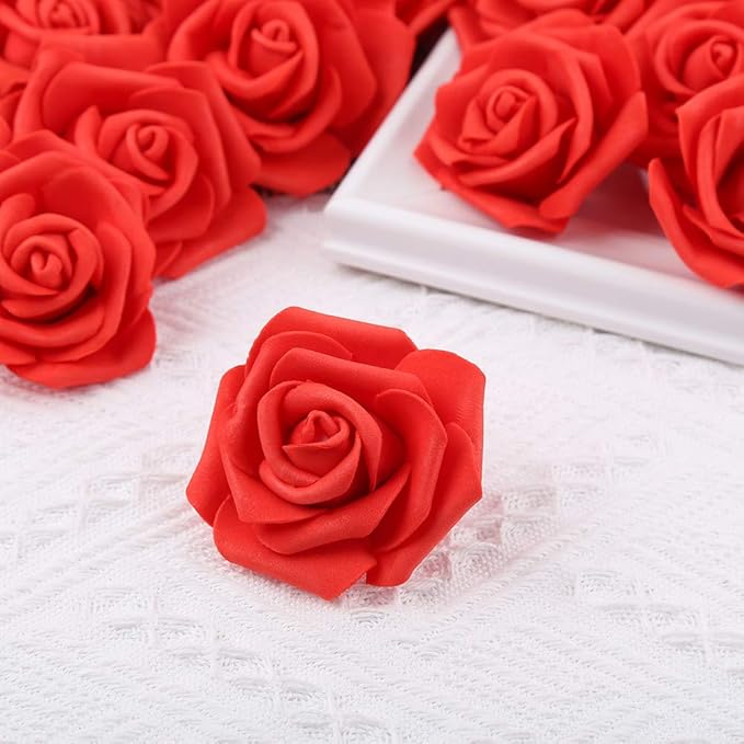 Artificial Rose Flower Heads, 100pcs Red Foam Rose Artificial Flower Heads for DIY Wedding Bouquets Centerpieces Arrangements Party Baby Shower Home Decor (Stemless, Red)