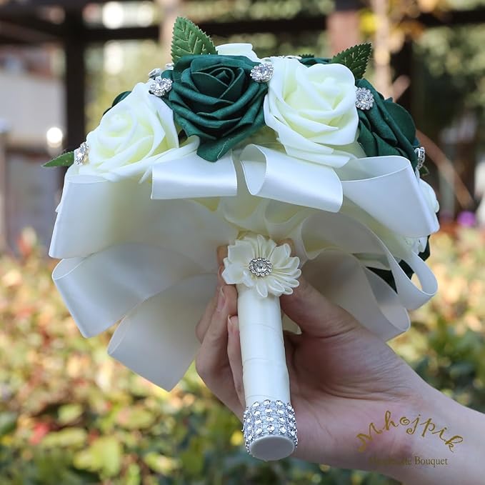 Lightweight Bridal Wedding Bouquet Round Holding Bouquet Throw Toss Artificial Rose Flower Bunch for Bride Bridesmaid Wedding Quinceanera (Cream & Dark Green, 6.7")