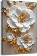 ZSHARTSWD Abstract White & Gold Floral Canvas Wall Art Elegant Flowers Pictures Prints White Flower Golden Leaves Painting Living Room Bathroom Decor Framed (Gold, 24L x 16W)