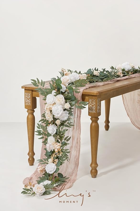 Ling's moment Flower Garland - 6FT Eucalyptus & Rose - Sweetheart Table Decor for Wedding Reception, Artificial Silk Floral Garland for Mantle, Spring, Garden Christmas Decoration, White Beige