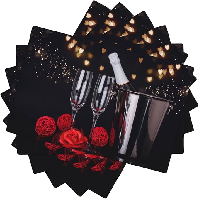 Red Rose Wine Linen Table Placemats Set of 6 Romantic Floral Modern Art Placemat Indoor Outdoor Party Home Desktop Kitchen Dining Room Decoration 12x18 Inch