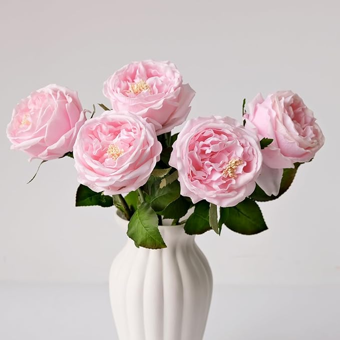 YalzoneMet 3.5'' Big Bloom Rose Artificial Flowers Light Pink 4Pcs Real Touch Rose Faux 17.7 Inch Long Stem Austen Roses Peonies Fake Flowers for Home Kitchen Party Christmas Flower Wedding Decor