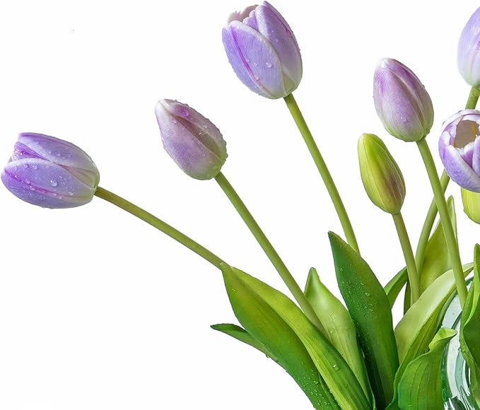 15pcs Artificial Tulips Flowers, Real Touch Latex Bouquet, Fake Tulips for Office Wedding Party Home Kitchen Garden Decoration-B Lavender