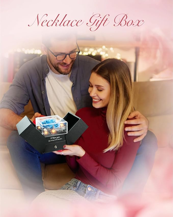 Birthday Gifts for Women, Preserved Real Roses with Heart Necklace I Love You in 100 Languages, Anniversary Wedding Gifts for Women Her Girlfriend Wife, Forever Roses Necklace Gift Box SkyBlue