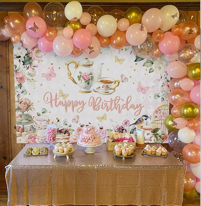 Mocsicka Tea Party Happy Birthday Backdrop Floral Princess Tea Birthday Party Decorations Kids Wonderland Let's Partea Dessert Caketable Banner Photo Booth (10x7ft)