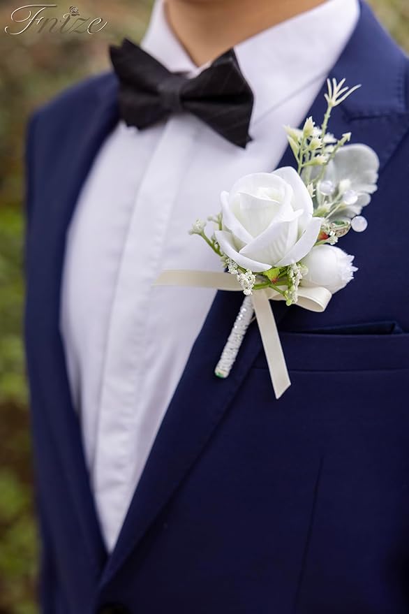Fnize White Boutonniere for Men, 6 Pcs Groom Groomsmen Boutonnieres, Artificial Flowers for Wedding Prom Homecoming