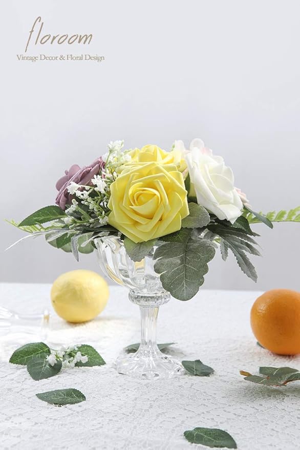 Floroom Artificial Flowers 50pcs Real Looking Canary Yellow Foam Fake Roses with Stems for DIY Wedding Bouquets Bridal Shower Centerpieces Floral Arrangements Party Tables Home Decorations