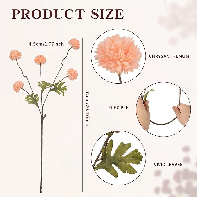 DuHouse 6pcs Artificial Flowers Faux Silk Pompon Mum,Silk Small Mini Chrysanthemum Ball with Stems for DIY Wedding Bouquets Centerpieces Vase Home Table Kitchen Decorations(Peach Fuzz)