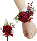 Red Corsage and Boutonniere Set, Prom Wedding Homecoming Wrist Corsage Wristlet and Boutonniere Set for Grooms Groomsmen Guest Bridal Bridesmaid Artificial Flower Suit Decoration