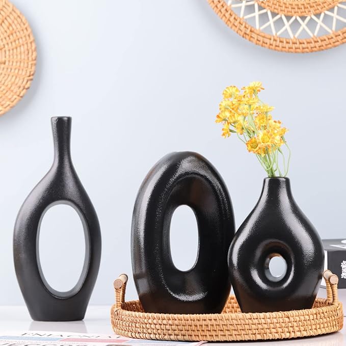 Black Ceramic Vase Set of 4 - Round Hollow Boho Vases for Pampas Grass and Flowers Decor, Modern Minimalist Small Vases for Living Room, Bedroom, Fireplace, Coffee Table Decor, and Centerpieces