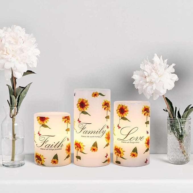 DRomance Sunflower Flameless Flickering Candles with 6H Timer, Set of 3 Battery Operated White Real Wax LED Pillar Candles Party Dinner Holiday Decor(3 x 4,5,6 Inches)