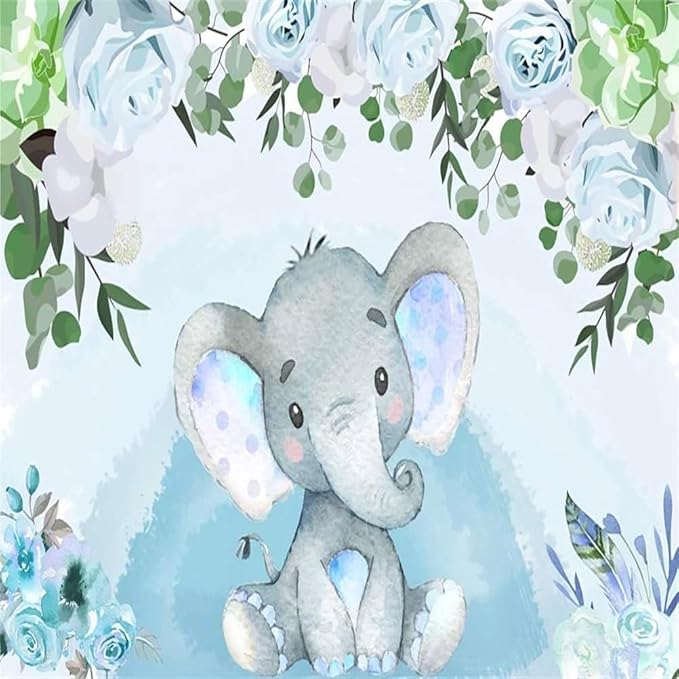 AOFOTO Flowers Baby Elephant Backdrop Light Blue 10x10ft Boy Gender Reveal Party Decorations Sweet Floral Baby Shower Photo Shoot Background for Photography Kids Child Birthday Photo Studio Props