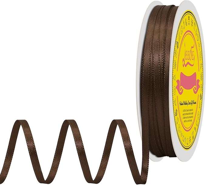 Double Face Brown Satin Thin Ribbon 1/8 inch X 50 Yards Polyester Brown Ribbon for Gift Wrapping Very Suitable for Weddings Party Hair Bow Invitation Decorations and More