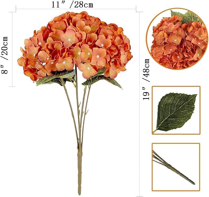 2Bouquets Artificial Fake Flowers Plants Silk Hydrangea Arrangements Wedding Bouquets Decorations Plastic Floral Home Kitchen Garden Party Festival Bar DIY (Orange,5 Flower Heads)