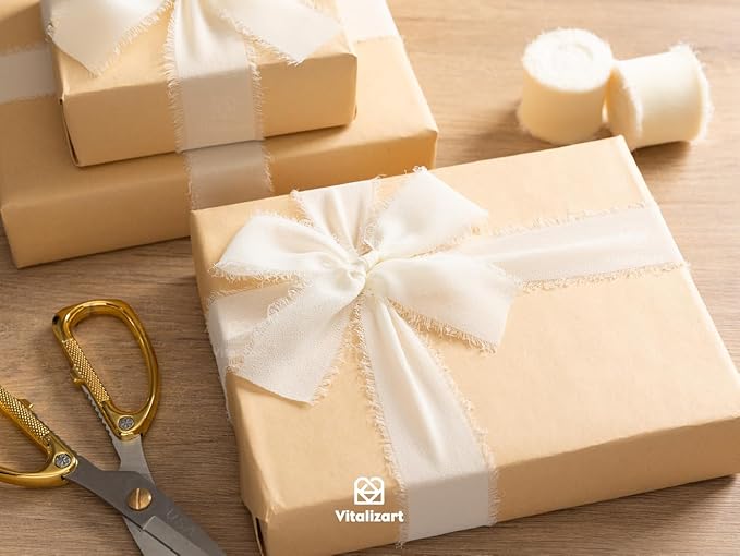 Vitalizart 9 Rolls 1.5" x 45 Yd Cream White Handmade Chiffon Silk Ribbon Fringe Frayed Edges Ribbons for Wedding Invitations Bridal Bouquets Gifts Wrapping Crafts Holiday Decor