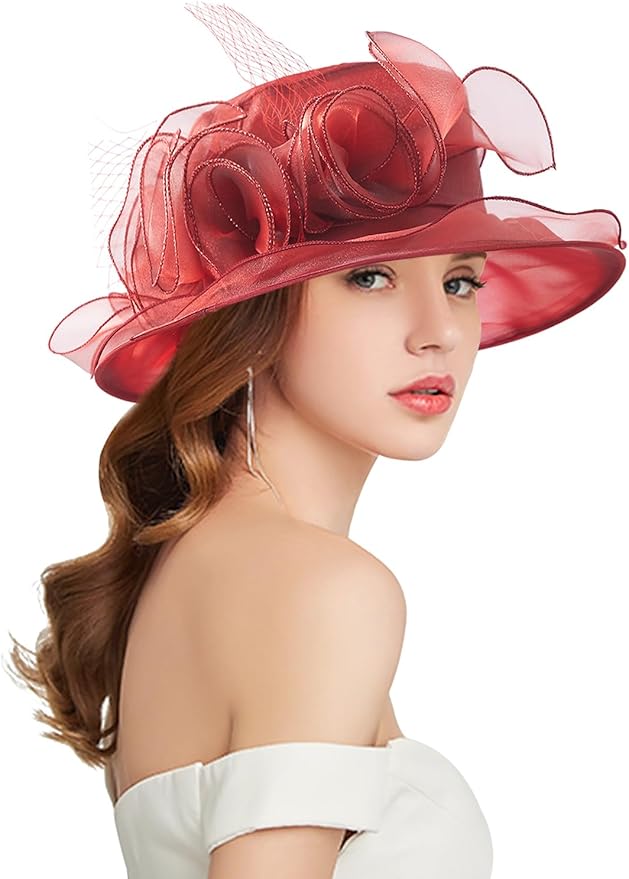Organza Derby Hats for Women Wide Brim Fascinator Hat Rose Flower Wedding Tea Party Hat