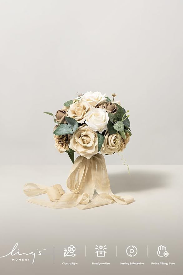 Ling's moment Bridesmaid Bouquet Set of 4, Oatmeal Beige Wedding Bouquets for Bridesmaids, 7 Inch Brown Bridal Bouquets for Bridesmaids, Wedding, Ceremony, Anniversary, etc.