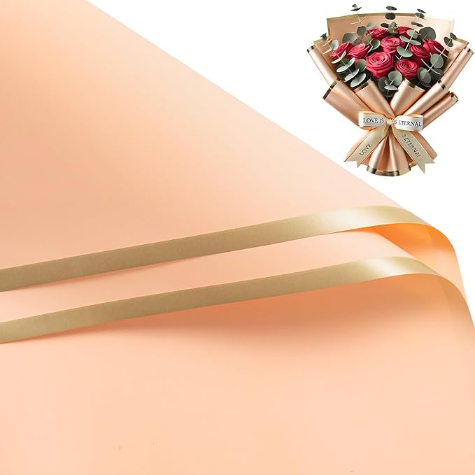 WRAPAHOLIC 20 Sheets Flower Wrapping Paper - 22.4 x 22.4 inch Cream Champagne with Gold Edge Water-Resistant Floral Bouquet Wrapping Paper, Florist Supplies Packaging Paper for Wedding Birthday Gift